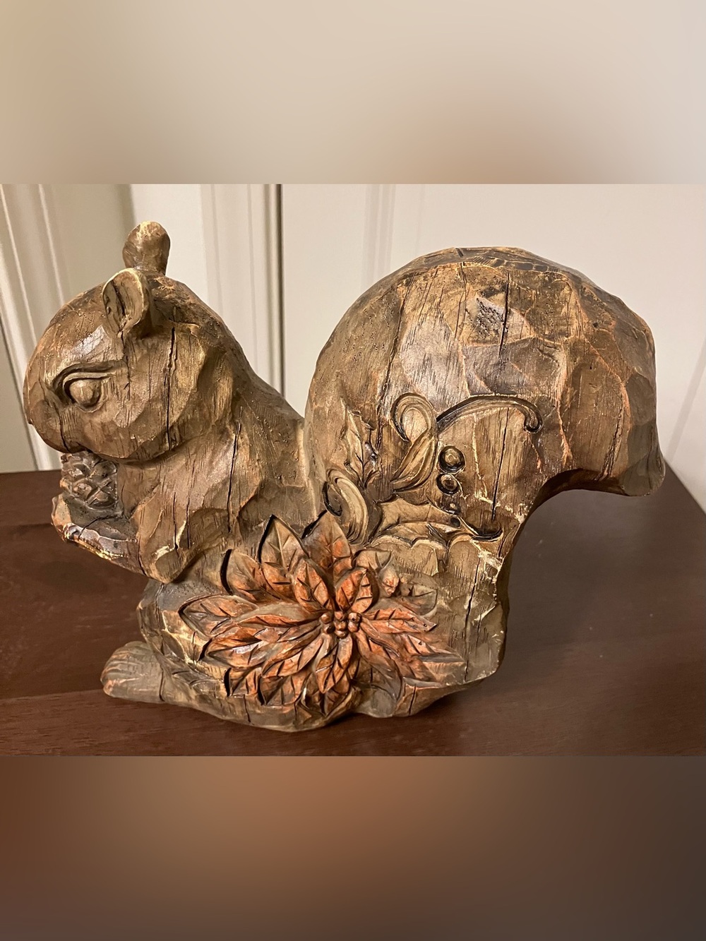 Solid Sculpted Wood-Style Squirrel Figurine Holding Pinecone - Holiday Decor